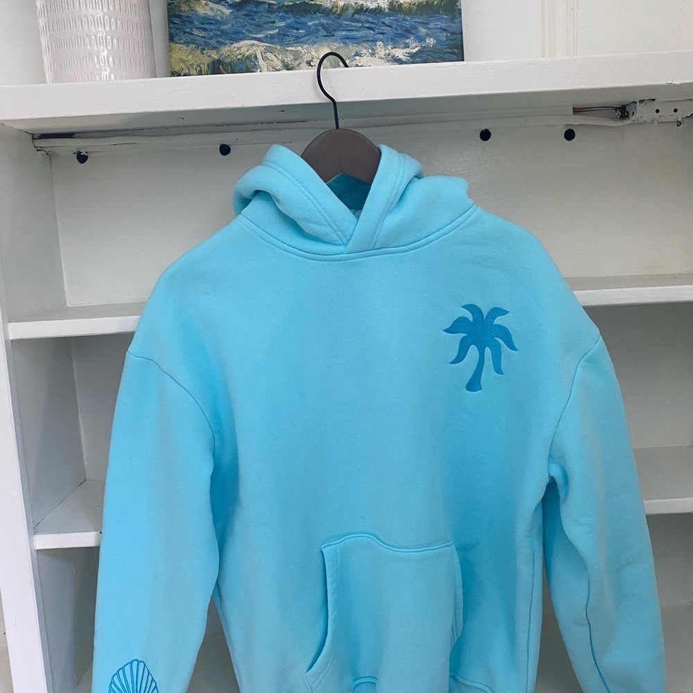 Pink Palm Puff Blue Palm Tree Hoodie